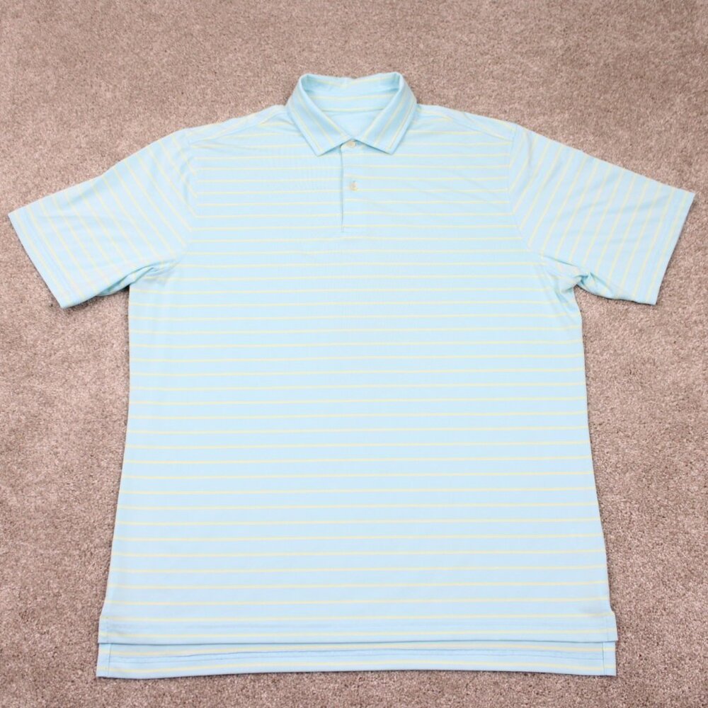 FG Tech Polo Shirt Men Large Blue/Yellow Polyester Stretch Short Sleeve Pullover